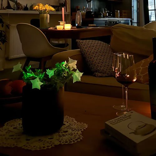 Glowing Firefly Petunia plant in a black pot on a living room table – ambient home décor by Light Bio