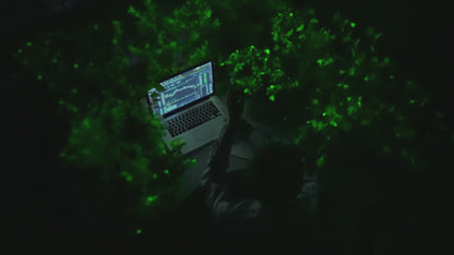 Laptop displaying data among glowing Firefly Petunia plants – biotech research by Light Bio